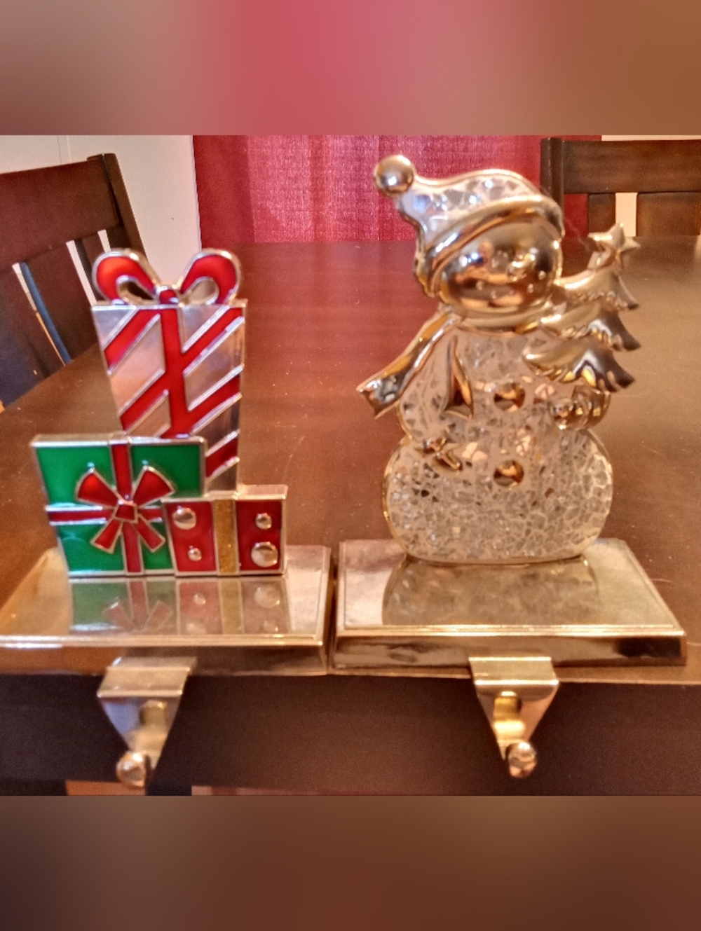 Holiday Ceramic Snowman & Gift Decorative Stocking Holders Lot Of 2